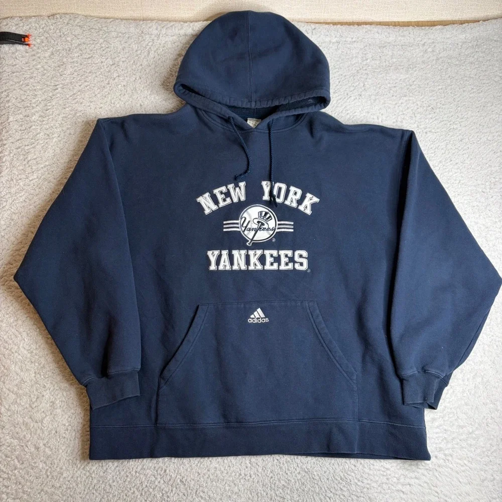 Vintage Adidas New York Yankees MLB Hoodie Navy Blue Sweatshirt Mens XL
